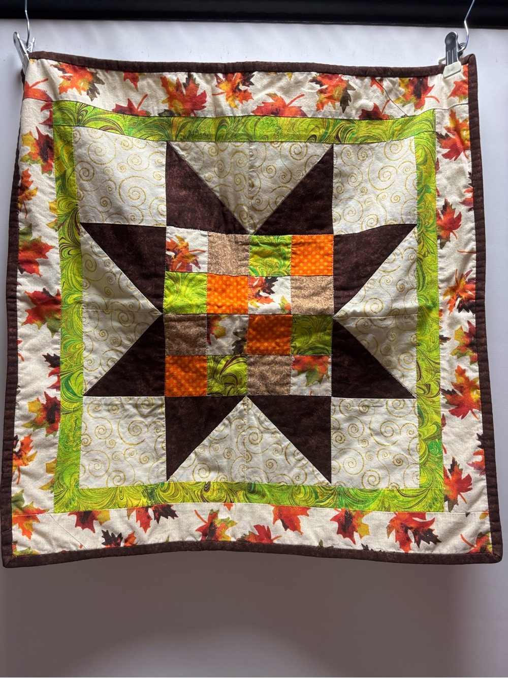Handmade Autumn Star Patchwork Quilt - Brown, Orange & Green Accents